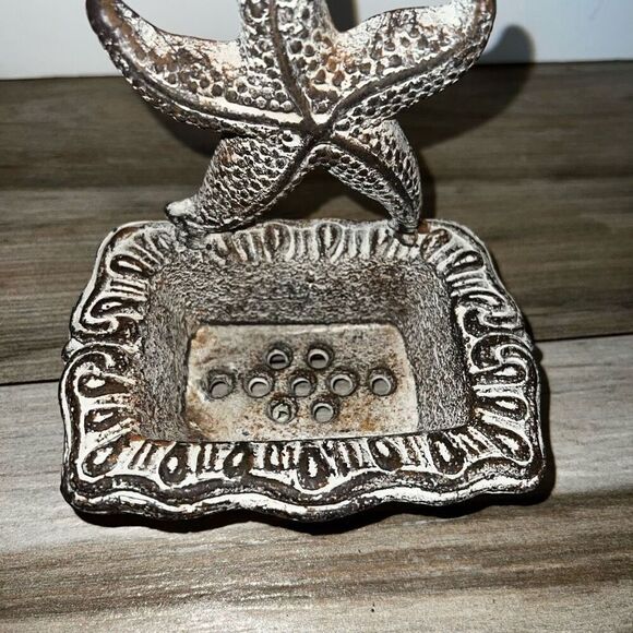 Cast Iron Soap Dish Antiqued White Star Fish Natical Decor Bathroom Kitchen Sink - Picture 2 of 8
